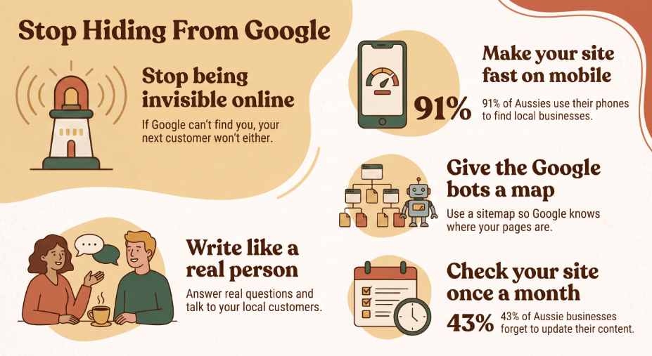 Infographic showing common SEO mistakes that make small business websites invisible to Google